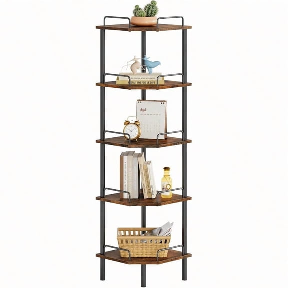 Corner Shelf Stand 5 Tier Industrial Corner Shees Multipurpose Standing Display Shelf Corner Sheing Unit for Bedroom Living Room Office Kitchen Rustic Brown