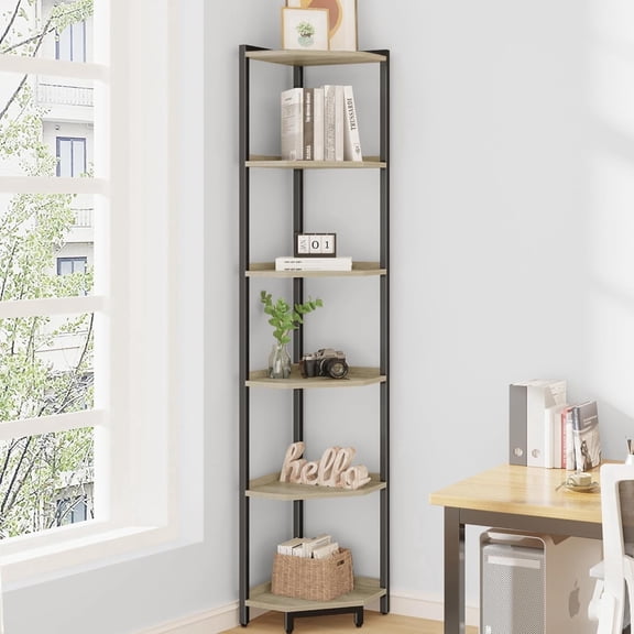 Corner Shelf Stand 6-Tier with Metal Frame, Corner Bookshelf for Living Room Home Office Bedroom, Greige