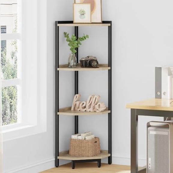 Corner Shelf Stand, Corner Bookshelf, Storage Standing Shelf Unit with Metal Frame, Plant Stand, Bookcase for Living Room, Home Office, Bedroom, 4-Tier Greige CS05805B