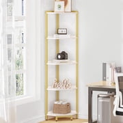 Hzuaneri Corner Shelf Stand, 5 Tier Bookcase with Metal Frame, Multi Purpose Plant & Book Storage for Living Room, Home Office, Bedroom, White Gold