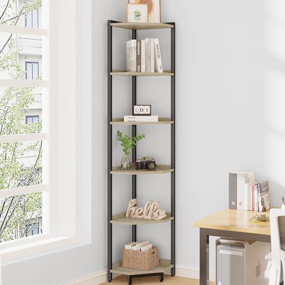 Corner Shelf Stand, Corner Bookshelf, Storage Standing Shelf Unit with Metal Frame, Plant Stand, Corner Bookcase for Living Room, Home Office, Bedroom, 6-Tier Greige