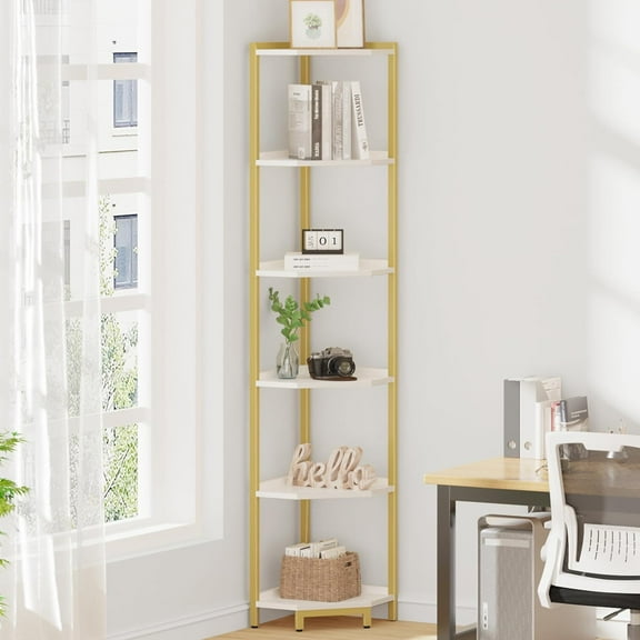 Corner Shelf Stand, Corner Bookshelf, Storage Standing Shelf Unit with Metal Frame, Plant Stand, Corner Bookcase for Living Room, Home Office, Bedroom, 6-Tier White Gold