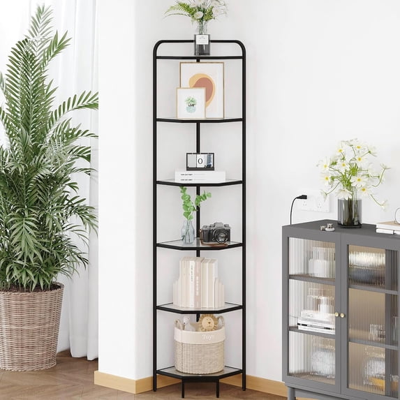 Corner Shelf Stand, Glass Bookshelf Bookcase, Bathroom Organizer, Plant Stand, Steel Frame, Tempered Glass, Modern Style for Living Room, Bathroom, Kitchen, 6-Tier Golden CS90600G