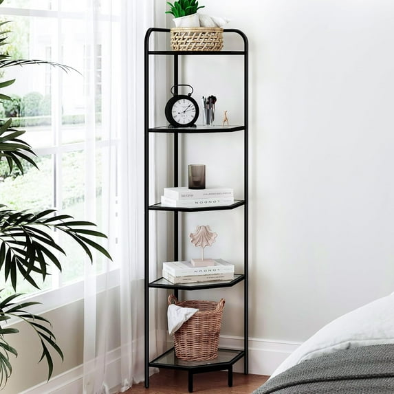 Corner Shelf Stand, Glass Bookshelf Bookcase, Bathroom Organizer, Plant Stand, Steel Frame, Tempered Glass, Modern Style for Living Room, Bathroom, Kitchen, 6-Tier Golden CS90600G