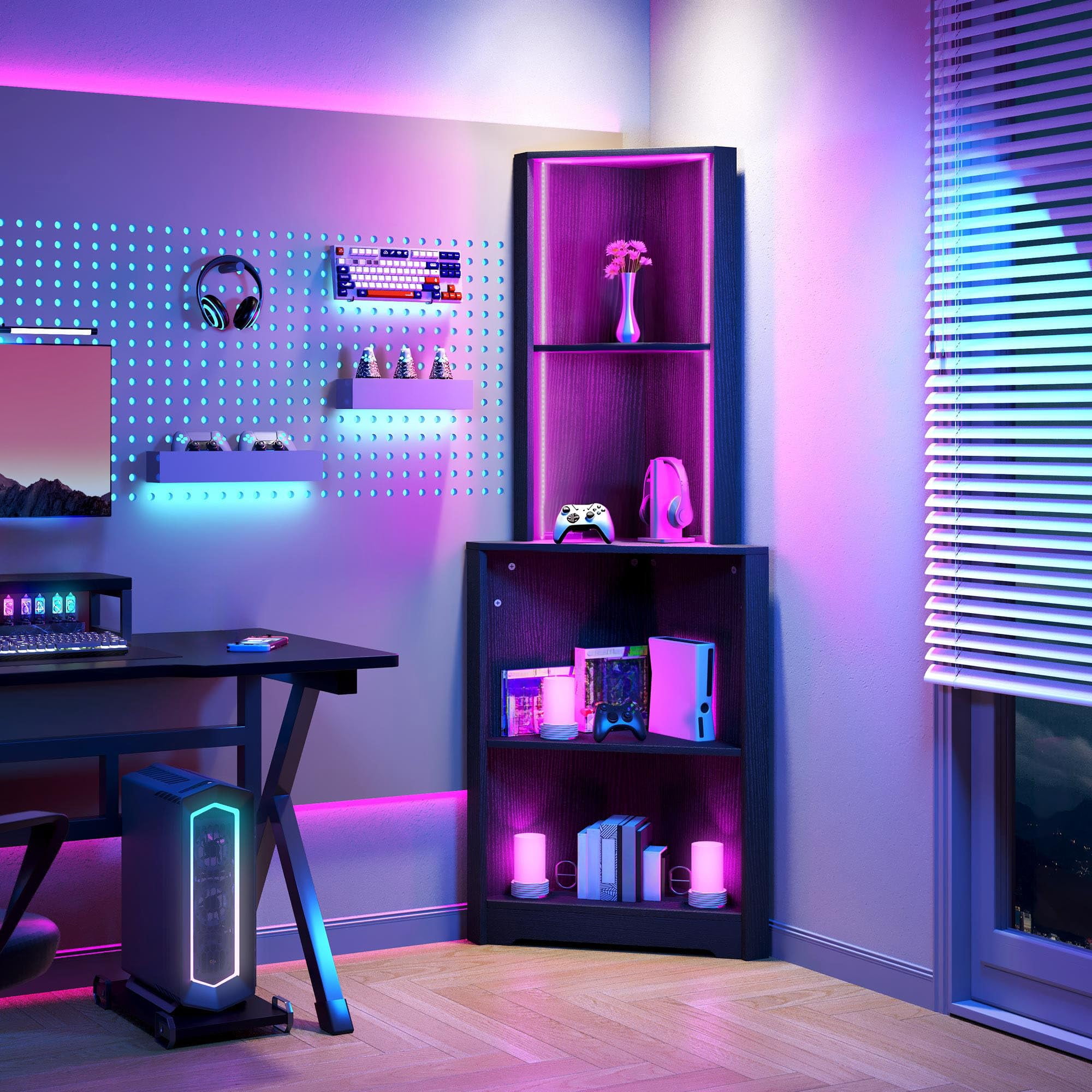 Corner Shelf Stand with Led Light, 5 Tier Corner Bookshelf and Bookcase, Wooden Open Corner Cabinet Display Storage Rack for Bedroom,Living Room, Dining Room, Home Office, Kitchen, Black - Walmart.com