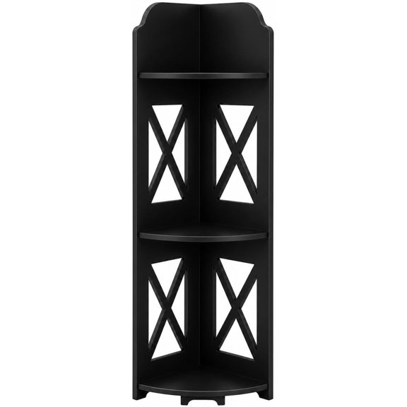 Corner Shelf Stand, Storage Organizer Great for Small Tiny Spaces, Space-Saving Floor Shelf Unit for Bathroom, Living Room, Kitchen, Laundry, Waterproof Stand for Toilet Paper, Black