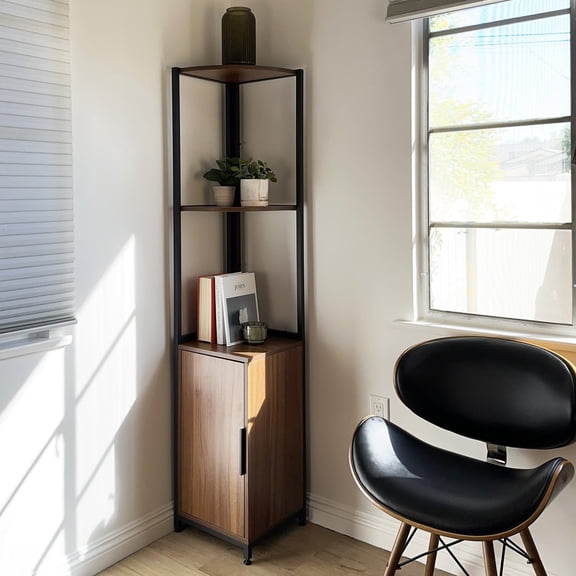 Corner Shelf Tower with Storage Cabinet, Modern Display Bookshelf Stand, Plant Shelf for House Dcor, Living Room, Bar, Office, Kitchen, Bathroom, Bedroom - 65" H Rustic Brown