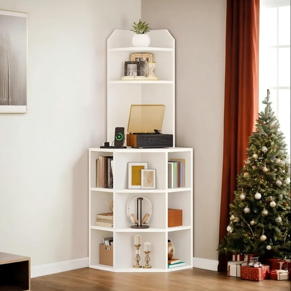 Corner Shelf with USB Ports & Outlets, Modern Storage Cabinet Rack Charging Station, Wooden Display Bookshelf Bookcase for Living Room, Bedroom, Dining Kitchen, White
