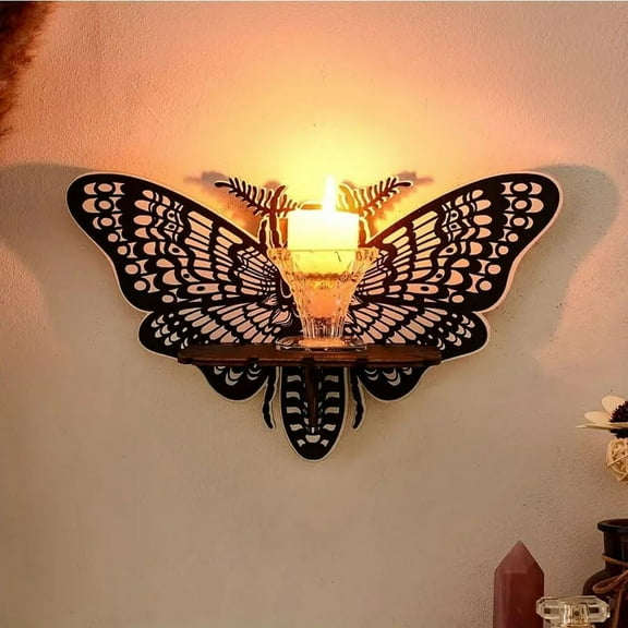 Corner Shelf Wall Corner Shelf Crystal Display with Butterfly Moth Shape, Wooden Wall Mounted Shelf Floating Shelves for Bathroom Kitchen Office Living Room, Women Aesthetic Witchy Gift (A)
