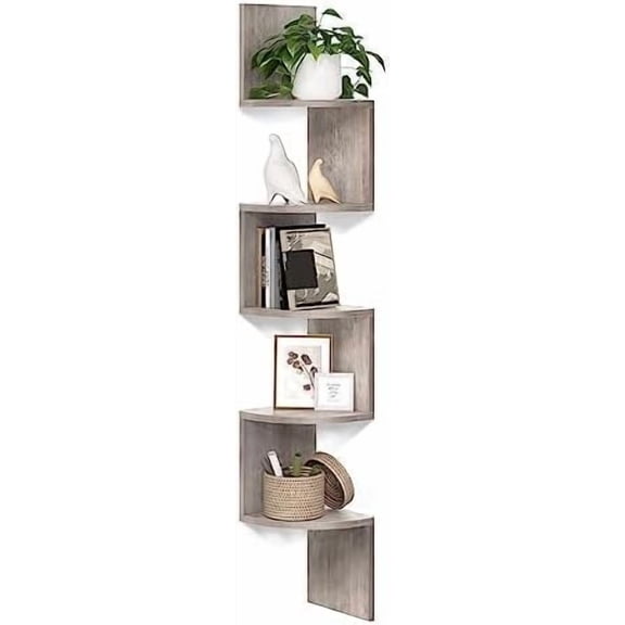 Corner Shelf Wall Mount, 5-Tier Floating Corner Bookshelf, Plant Shelf for Bedroom, Living Room, Bathroom, Home Office, Heather Greige