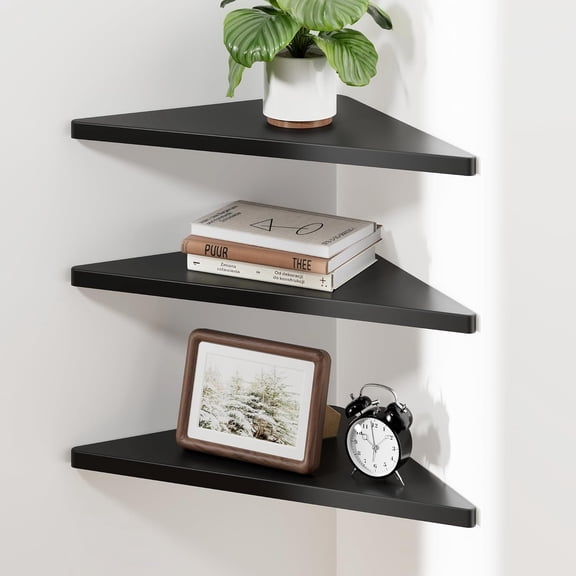 Corner Shelf Wall Mount, Engineered Floating Corner Shelves with Hole, Wall Mounted Storage Display for Bathroom, Bedroom, Living Room, Kitchen (12in, Black, Triangle Shape)