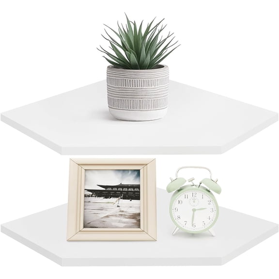 Corner Shelf Wall Mount, Set of 2 Corner Floating Shelves with Cord Hole for Speaker, Cable Box, 2 Tier Wood Hanging Storage Shelf for Bathroom Living Room Bedroom, White