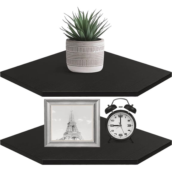 Corner Shelf Wall Mount, Set of 2 Corner Floating Shelves with Cord Hole for Speaker, Cable Box, 2 Tier Wood Hanging Storage Shelf for Bathroom Living Room Bedroom, White