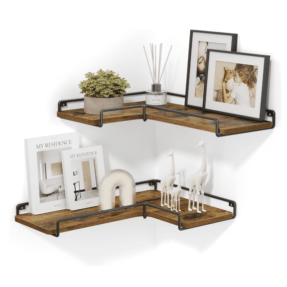 Corner Shelf Wall Mount Set of 2, Corner Floating Shelves, Small Corner Wall Shelf for Dr Storage, for Living Room Bedroom Kitchen Bathroom, Rustic Brown and Black