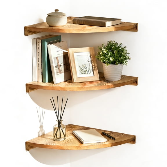 Corner Shelf Wall Mount Set of 3 Floating Corner Shelf with Cord Hole 3 Tier Wood Wall Display Rack Storage for Bathroom Living Room Kitchen Bedroom Burlywood