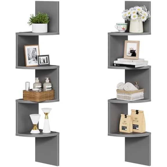 Corner Shelf Wall-Mounted, Set of 2 Floating Corner Shelves, 4-Tier Bookshelves for Wall Decor in Living Room, Bedroom, Home Office, Dove Gray GY25BJP201