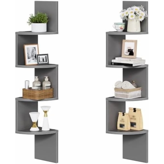 Corner Shelf Wall-Mounted, Set of 2 Floating Corner Shelves, 4-Tier Bookshelves for Wall Decor in Living Room, Bedroom, Home Office, Dove Gray GY25BJP201