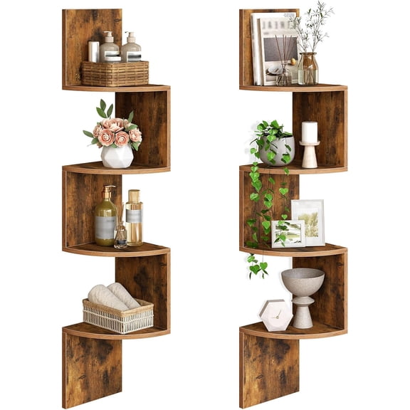 Corner Shelf Wall-Mounted, Set of 2 Floating Corner Shelves for Wall, 4-Tier Corner Bookshelves for Living Room, Bedroom, Bathroom, Home Office, Rustic Brown BF25BJP201