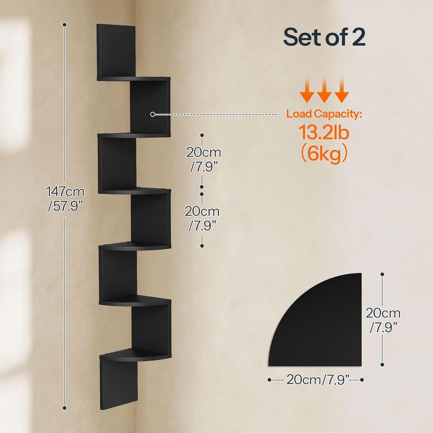 Corner Shelf Wall-Mounted, Set of 2 Floating Corner Shelves for Wall, 6 ...