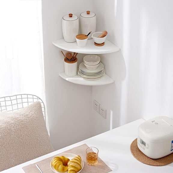 Corner Shelf, White Solid Oak Wood Floating Corner Shelf Wall Mount Round End Floating Speaker Shelf Display Shelf for Small Plant Photo Frame (White, 16in)