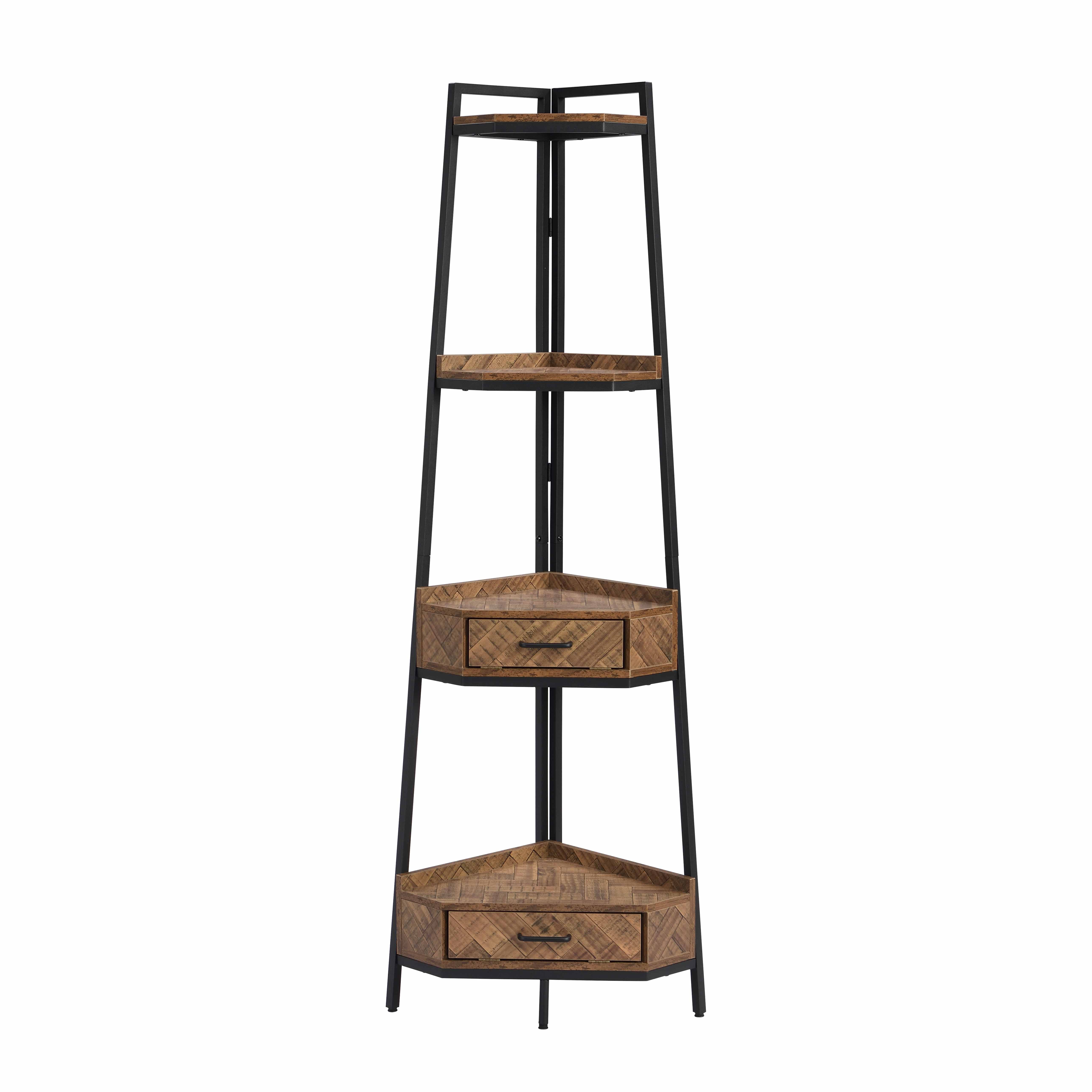 Corner Shelf With Two Drawers 4 Tier Industrial Bookcase Black