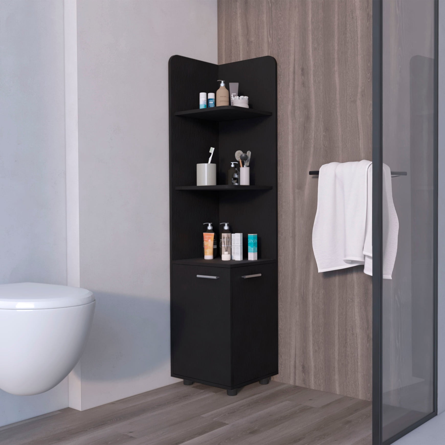 Corner Shelf with Cabinet, Freestanding Corner Storage Cabinet with 3 Shelves and 2 Doors for Bathroom, Kitchen, Living Room, Black