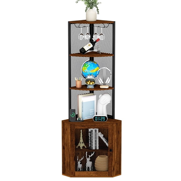Corner Shelf with Doors, 65" Corner Cabinet  & Wine Glass Rack, 6 Tier Bookshelf Display, Freestanding Corner Storage Stand
