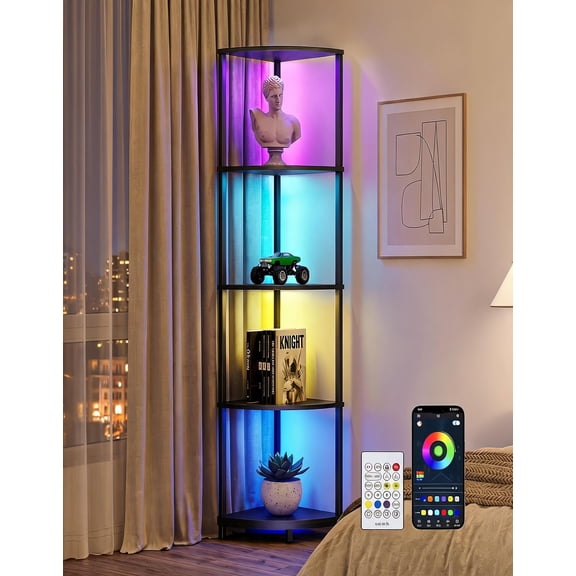 Corner Shelf with LED Light 5 Tier Color Changing Floor Lamp with Remote 62 Inch Display Shelf Bookshelf Narrow Storage Rack Standing Lamp
