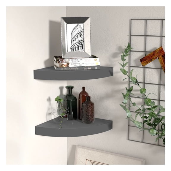 Corner Shelves 2 Pcs, 9.8''x9.8'' Floating Shelves Gray, Wall Mounted Shelves for Bedroom, Living Room, Kitchen, Display Decor, Books, Photos - Modern MDF Shelving Grey