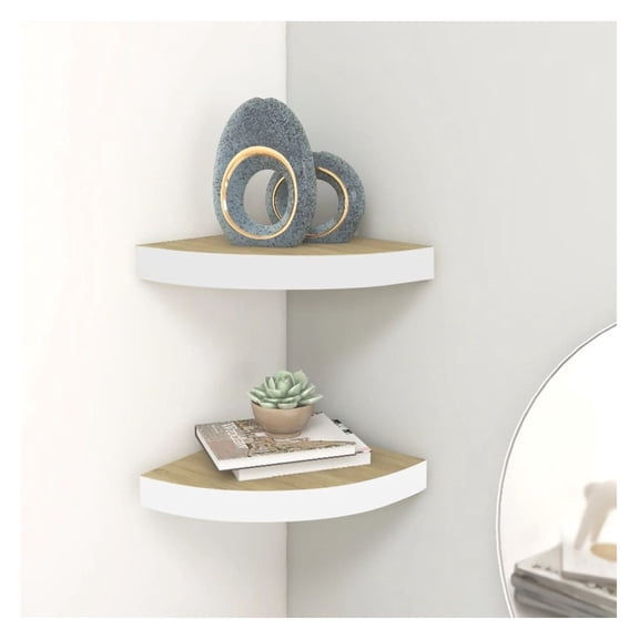 Corner Shelves 2 Pcs, Oak & White Floating Shelves 9.8x9.8x1.5", MDF Wall Corner Shelf for Books, Decor, Photos - Invisible Mounting System