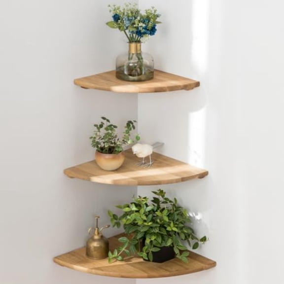 Corner Shelves Floating Corner Shelf Set of 3 Solid Oak Wood Corner Wall Shelves Round End with Wire Hole Shelving for Small Plant for Bedroom Kitchen Living Room Size 9/10/12in