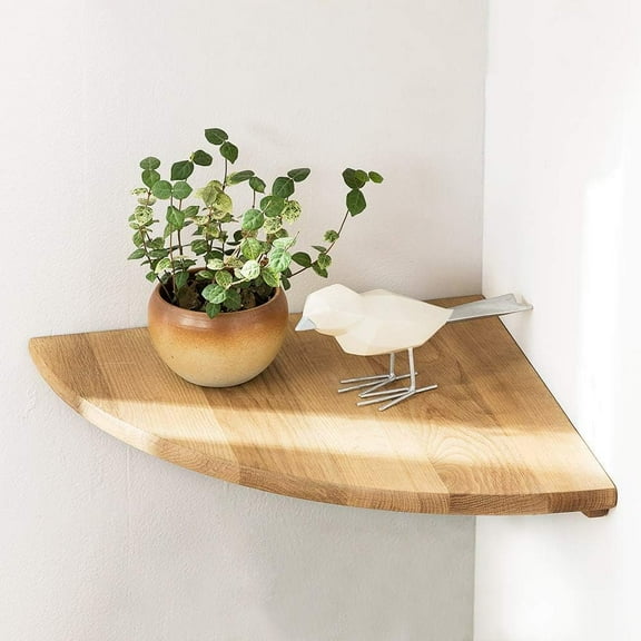 Corner Shelves, Floating Corner Shelves, Set of Two 7 Inch Solid Oak Wall Shelves, Round End Wall Mounted, Shelves with Wire Holes for Small Plants in Bedroom, Kitchen, Living Room and More.
