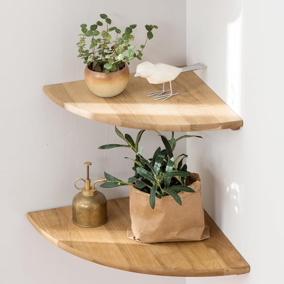 Corner Shelves, Floating Shelf, Set of 2 12inch Solid Oak Wood Wall Round End Mount Display Shelf with Wire Hole for Bedroom Kitchen, Living Room