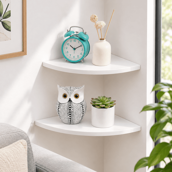 Corner Shelves Floating Shset Of 2 White Solid Oak Wood Wall Round End ...