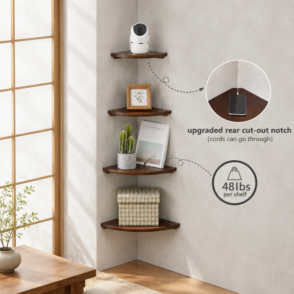 Corner Shelves Floating Shset Of 3 Solid Oak Wood Wall Round End With Wire Hole Shelving For Small Plant Bedroom Kitchen Living R