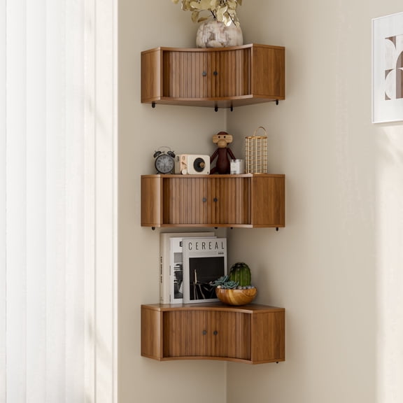 Corner Shelves Set of 3 Floating Corner Shelves Wall Cabinet with Sliding Doors for Living Room Bedroom Small Space