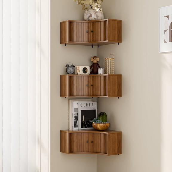 Corner Shelves Set of 3 Floating Corner Shelves Wall Cabinet with Sliding Doors for Living Room Bedroom Small Space
