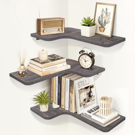 Corner Shelves Set of 3 Rustic Grey Floating Wall Mounted Storage and Display Unit