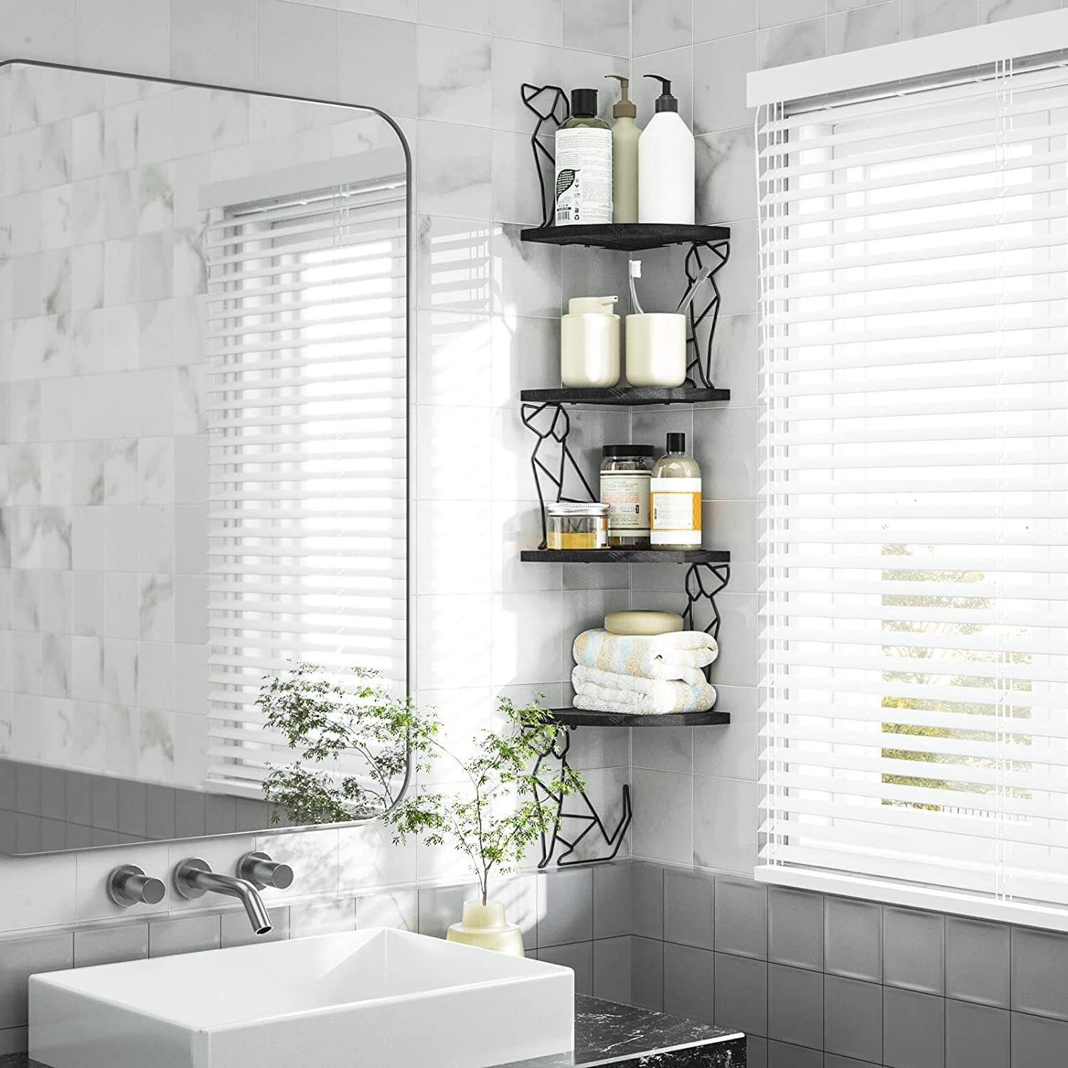 Corner Shelves Wall Mounted - 4 Tier Natural Wood Storage Rack for ...