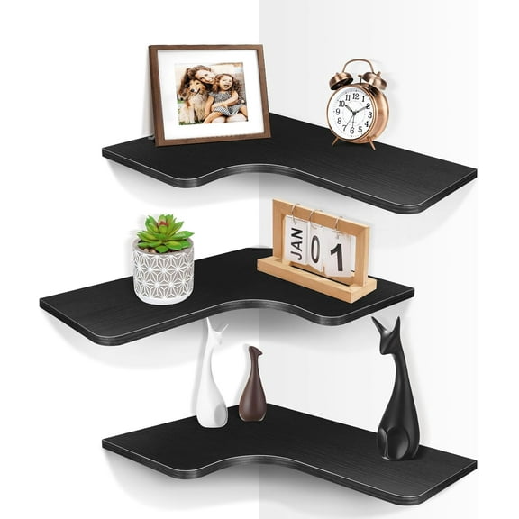 Corner Shelves Wall Mounted, Set of 3 Floating Corner Shelves with Cord Hole, 3 Tier Wooden Hanging Display Shelf for Bathroom Kitchen Living Room, Black
