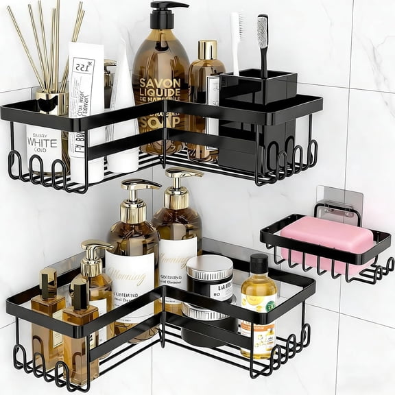 Corner Shower , 3 Pack Adhesive Shower Organizers, Rustproof Stainless Steel Shower Shelves with Soap Holder, No Drilling Bathroom Organizers and Storage Rack for  Decor, Black