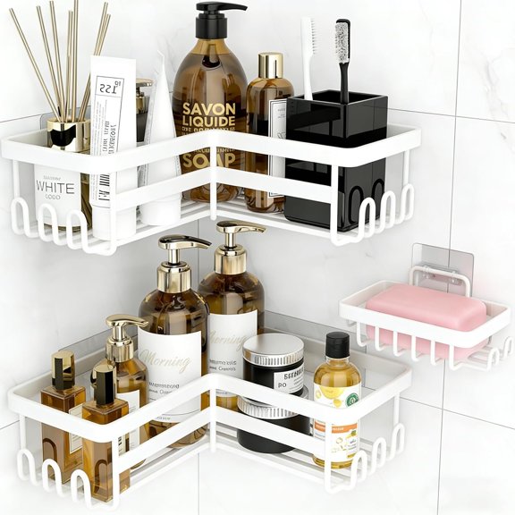 Corner Shower , 3 Pack Adhesive Shower Organizers, Rustproof Stainless Steel Shower Shelves with Soap Holder, No Drilling Bathroom Organizers and Storage Rack for  Decor, White