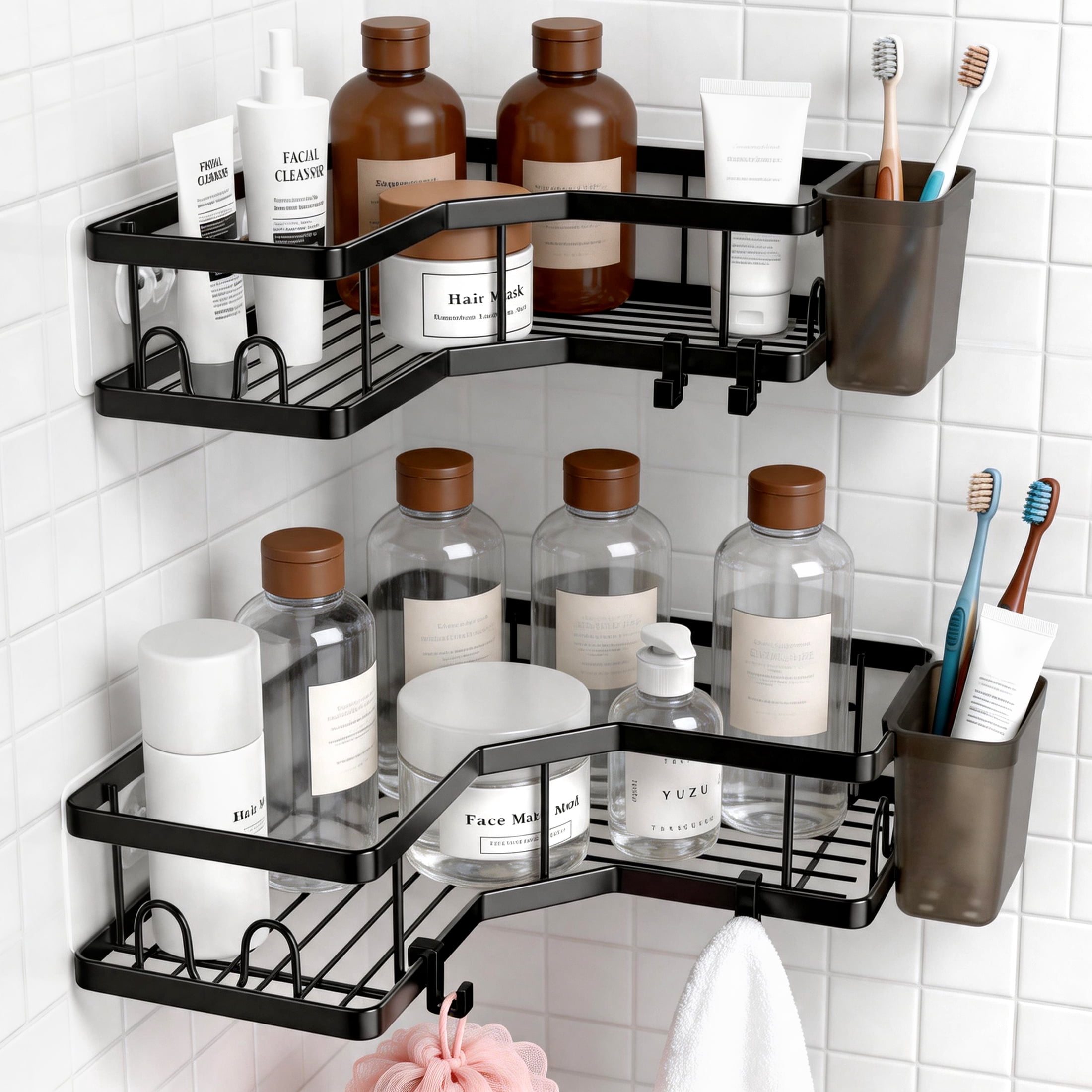 Corner Shower Caddy, 2 Pack Adhesive Shower Organizers with Hooks & Toothpaste Holder, Rustproof Metal Shower Shelves, No Drilling Bathroom Organizers and Storage Racks
