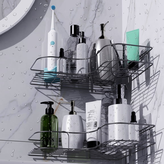 Corner Shower Caddy - 2 Pack, Adhesive Shower Organizers, Rustproof Stainless Steel Shower Shelves with 4 Hooks, No Drilling Bathroom Organizers and Storage Racks, Space-Saving