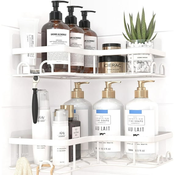 Corner Shower Caddy - 2 Pack, Adhesive Shower Organizers, Rustproof Stainless Steel Shower Shelves with 8 Hooks, No Drilling Bathroom Organizers and Storage Racks, Space-Saving, White, Large