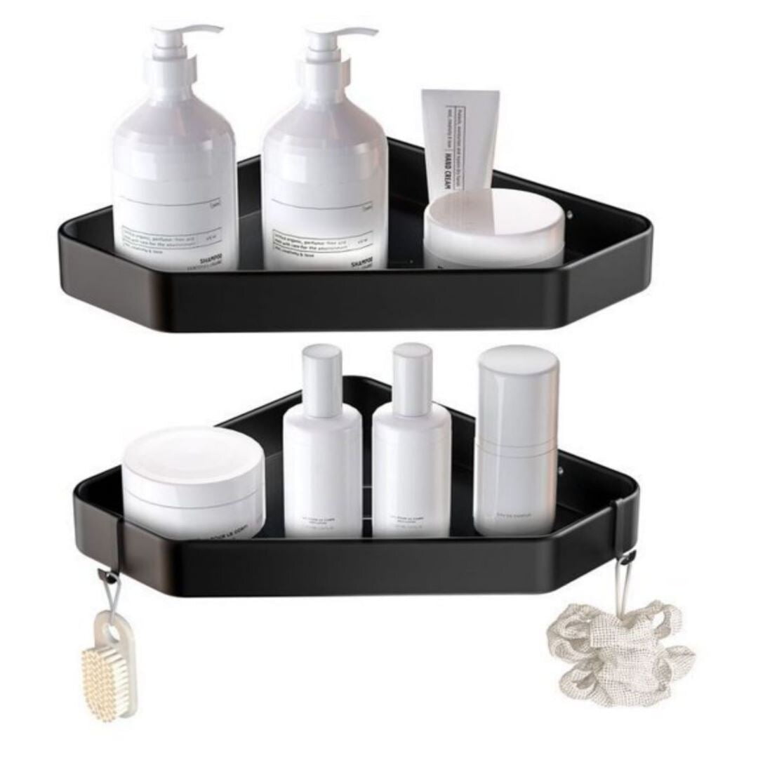 Black Aluminum Corner Shower Caddy with Removable Hooks