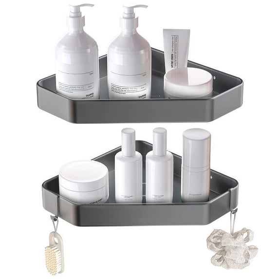 Corner Shower Caddy 2-Pack, No Drilling Shower Rack, Adhesive Shower Corner Shelf with 2 Movable Hooks, Rustproof Aluminum Bathroom Storage Organizer for Toilet Dorm Kitchen Grey