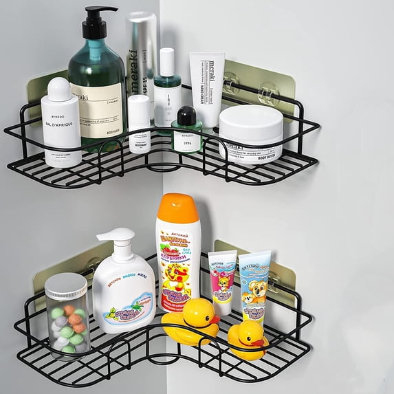 Corner Shower Caddy, 2 Pack Self Adhesive Bathroom Organizer, No Drilling Bathroom Storage Shelves Shower Rack, Wall Mounted Shampoo Holder Rack for RV Apartment Kitchen (2 Pack-Black)