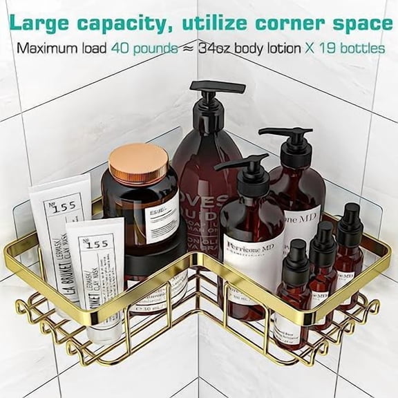 Corner Shower Caddy, 3-Pack Adhesive Bathroom Caddy with Soap Holder and 12 Hooks, Rustproof Stainless Steel Shower Organizer, No Drilling Wall Mounted Shower Rack, for Bathroom, Gold
