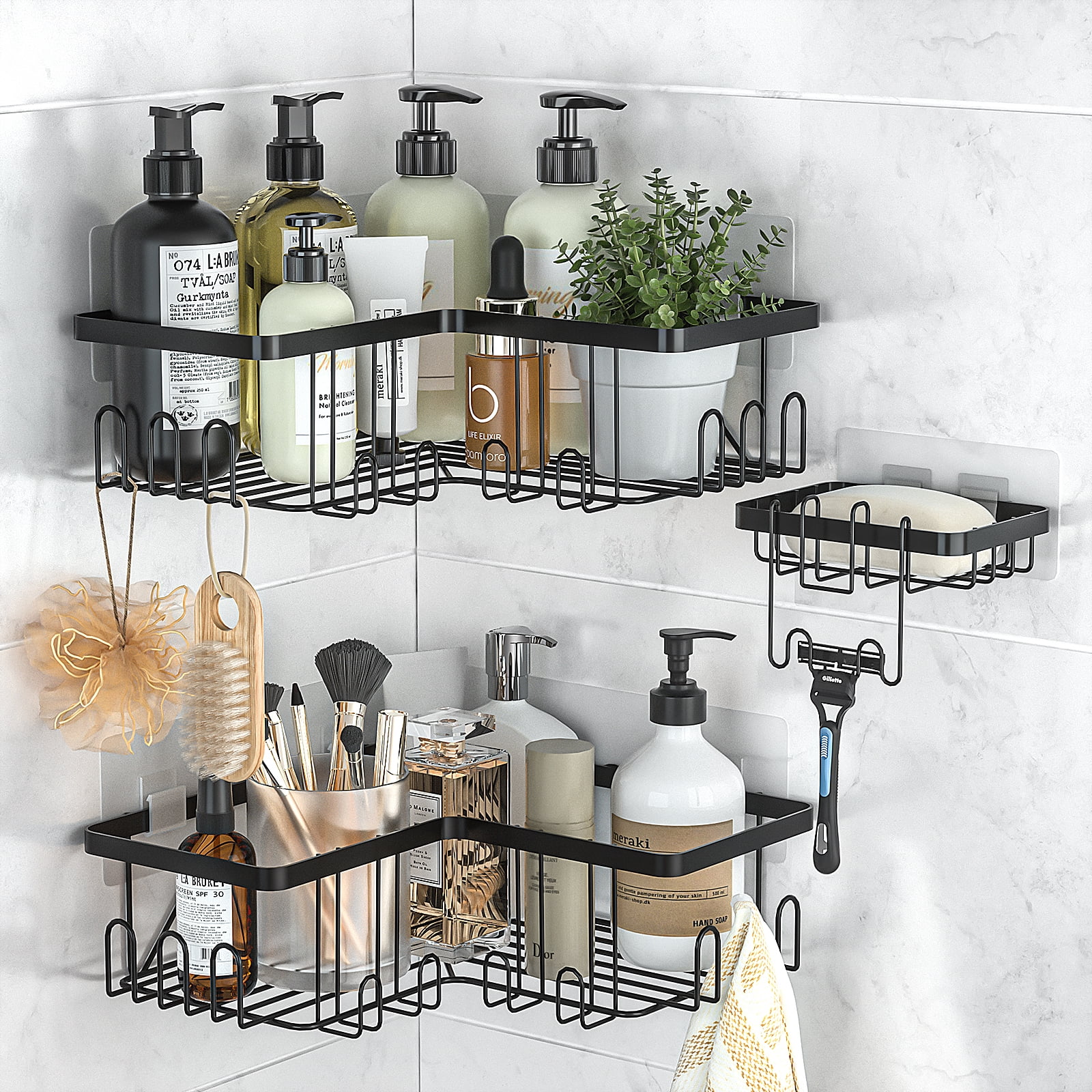 PNNP Rustproof Stainless Steel Adhesive Bathroom Shower Caddy with Soap Holder, Black, 3 Pack